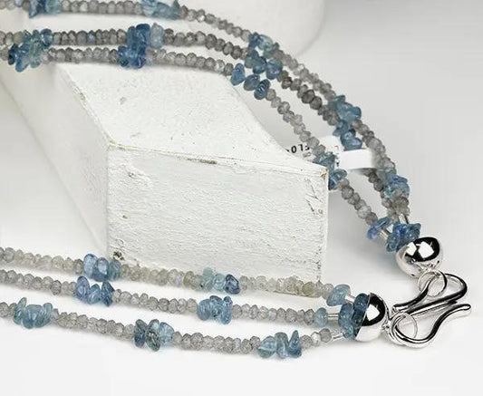 Kette mit Aquamarin und Labradorit Edelsteinen und Silberverschluss, 47 cm Länge