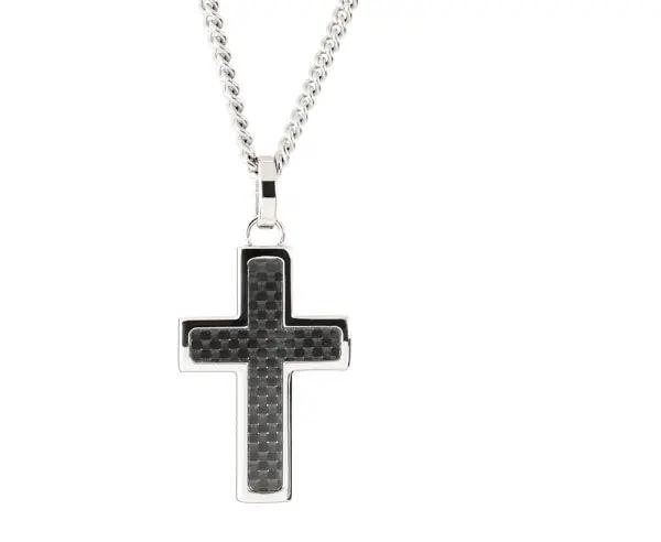 Kette mit Kreuz aus Edelstahl und Carboneinlage