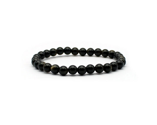 goldener obsidian armband 6mm rund elastisch handgefertigt edelstein schmuck schwarz glanz 19cm
