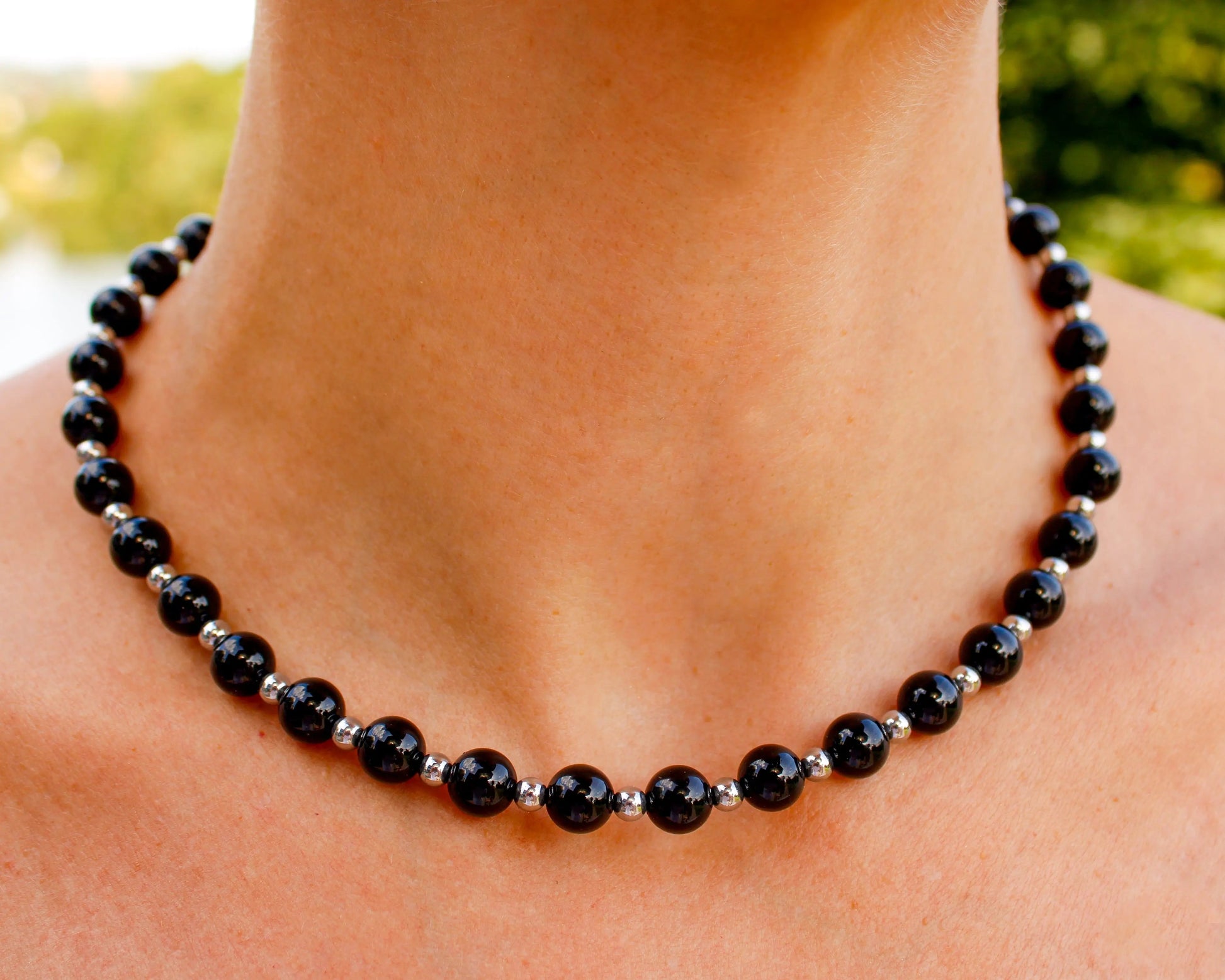 Onyx Kette mit Hämatit handgefertigtes Schmuckstück aus Brasilien und Marokko mit 925 Silberkarabiner für Stärke Balance und Eleganz Tiger Treasure - Qualität, inspiriert seit 1890