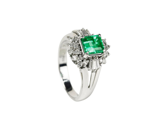 Platinum ring with Colombian emerald &amp; diamonds