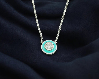 Rhodiniertes Silber Collier mit türkis emaillierten Elementen und weißen Zirkonia, 41,5 + 5 cm Länge