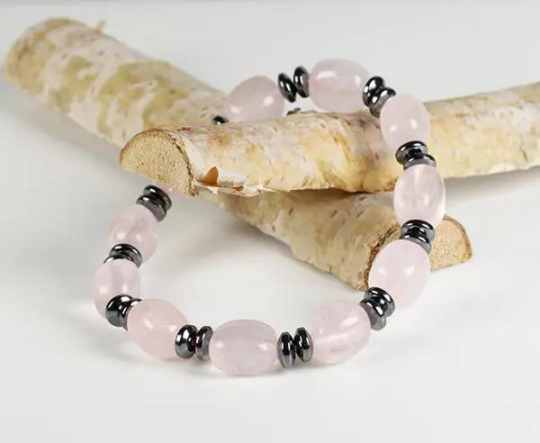 Handgefertigtes Rosenquarz-Armband mit Hämatin, 11x8 mm barocke Perlen, echtes Edelstein-Armband aus Deutschland, für innere Ruhe und Schutz