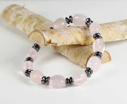 Handgefertigtes Rosenquarz-Armband mit Hämatin, 11x8 mm barocke Perlen, echtes Edelstein-Armband aus Deutschland, für innere Ruhe und Schutz