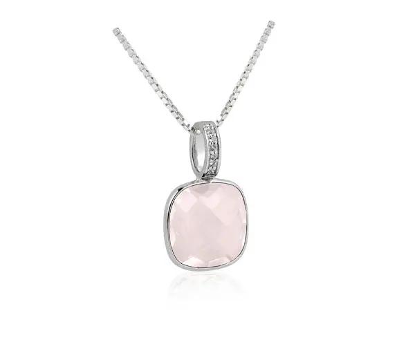 Silber Collier mit facettiertem Rosenquarz-Anhänger und weißen Edeltopasen im antiken Look