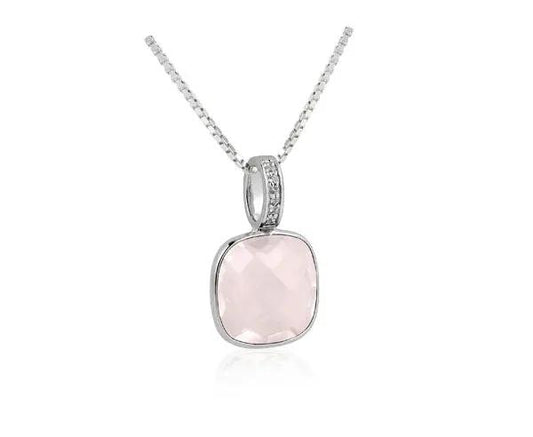 Silber Collier mit facettiertem Rosenquarz-Anhänger und weißen Edeltopasen im antiken Look