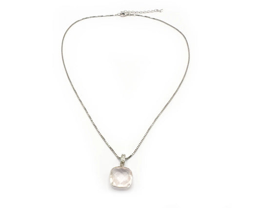 Silber Collier mit facettiertem Rosenquarz-Anhänger und weißen Edeltopasen im antiken Look