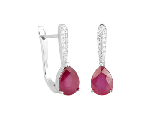 Silver hoop earrings with faceted gemstones: ruby ​​and cubic zirconia