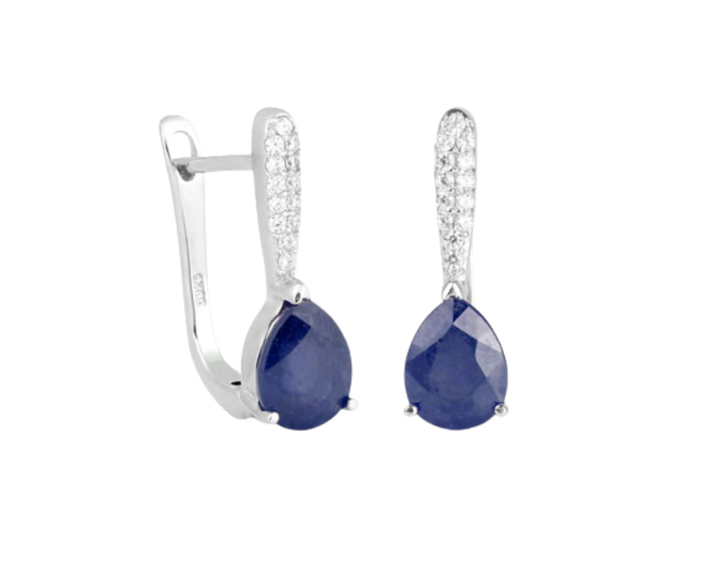 Silver hoop earrings with faceted gemstones: sapphire and zirconia