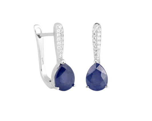 Silver hoop earrings with faceted gemstones: sapphire and zirconia